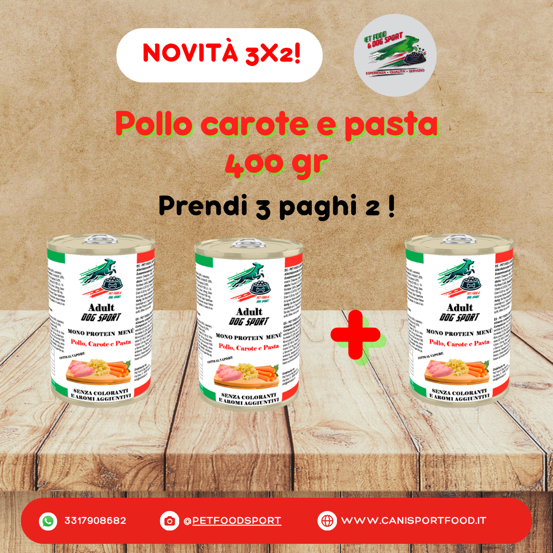 Alimento umido completo per cani pollo carote e pasta